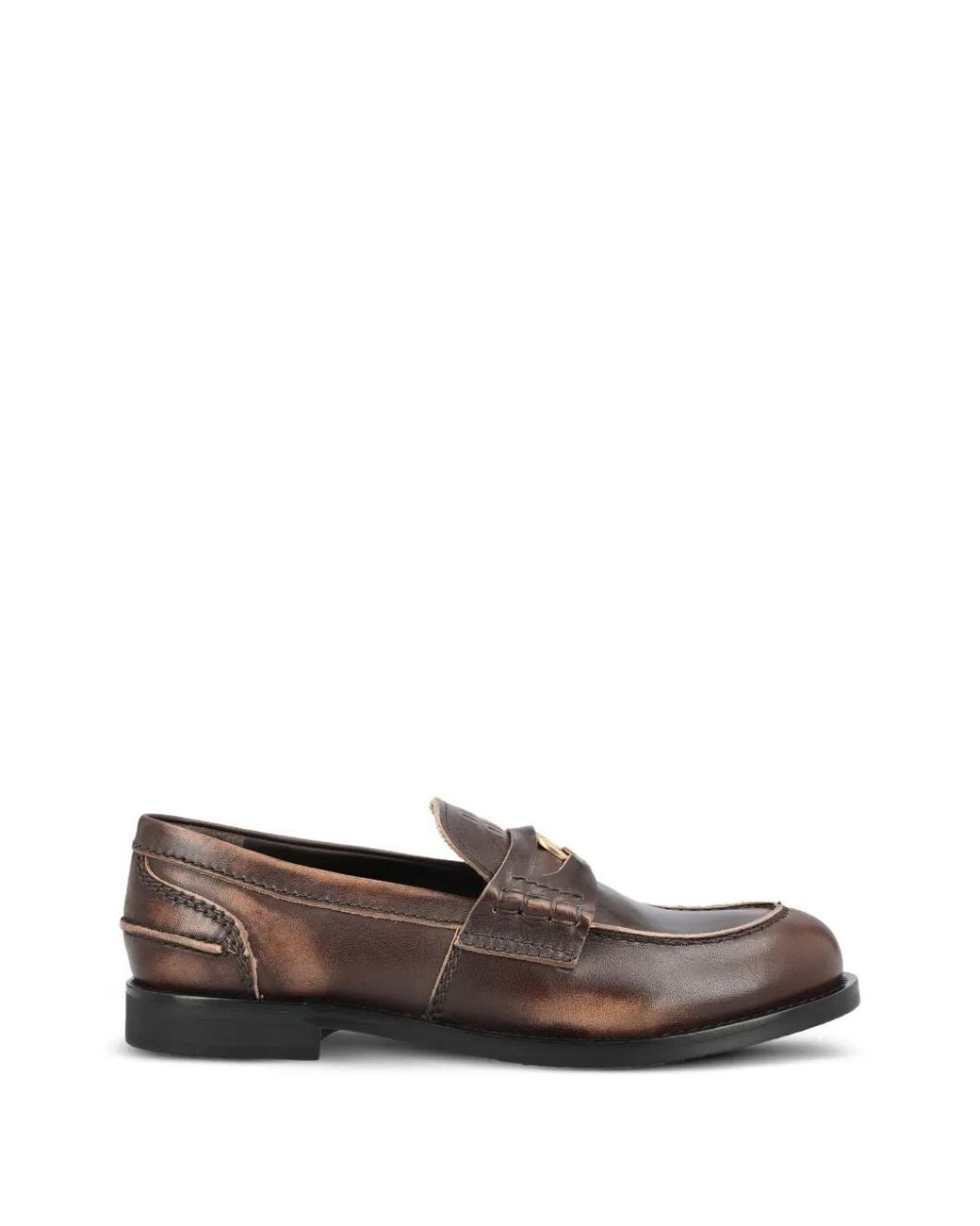 Miu Miu Brown Coin-Detail Burnished-Leather Loafers