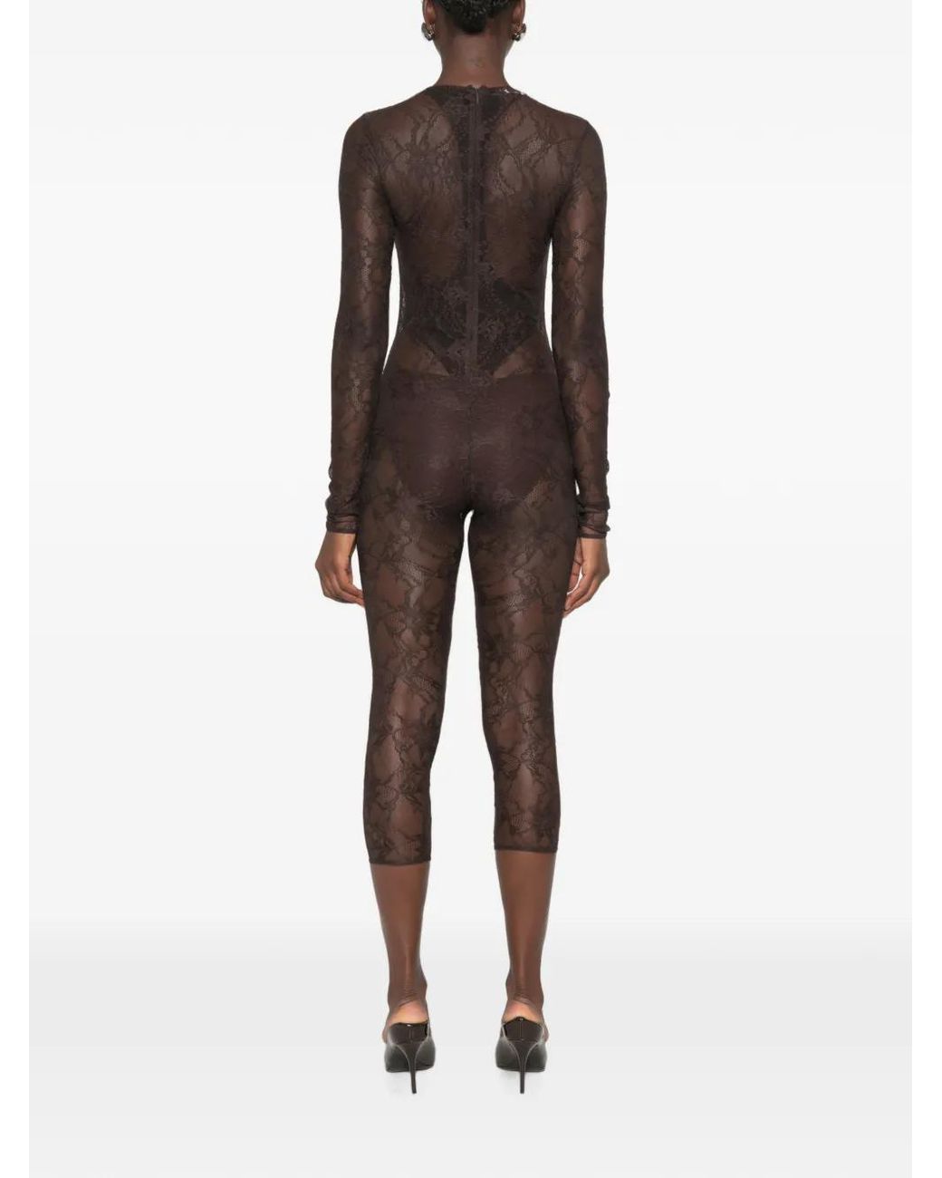 ANDAMANE Brown Sheila Lace-Pattern Long-Sleeve Jumpsuit