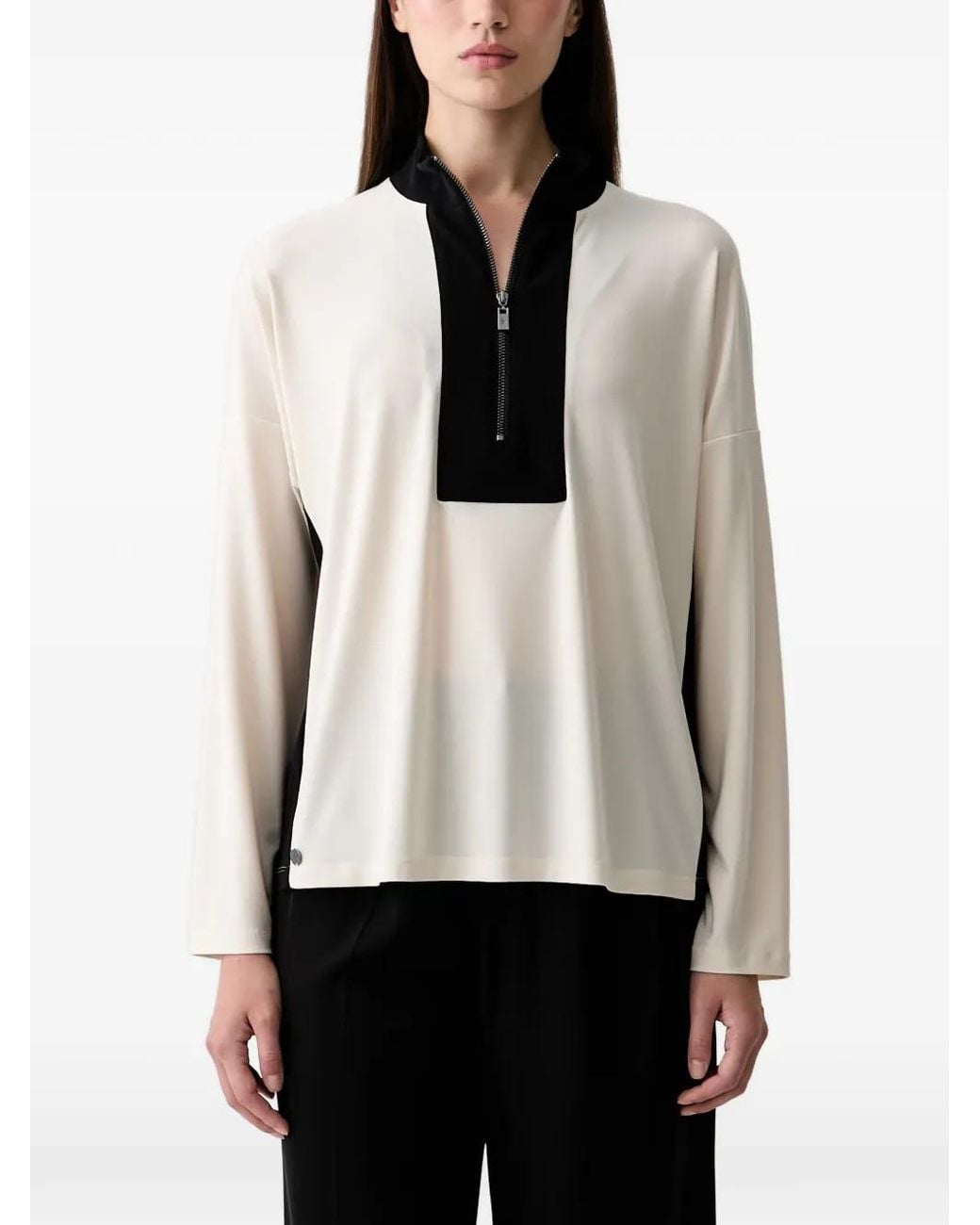 Joseph Ribkoff White Two-Tone Zip-Up Blouse