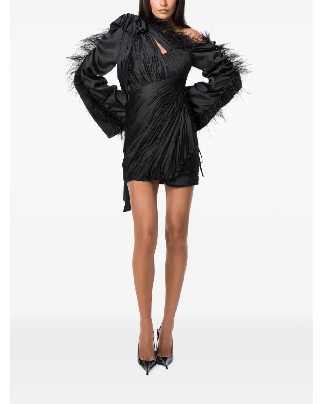 NORINA ST Black Jamila Feather-Trim Ruched Mini Dress