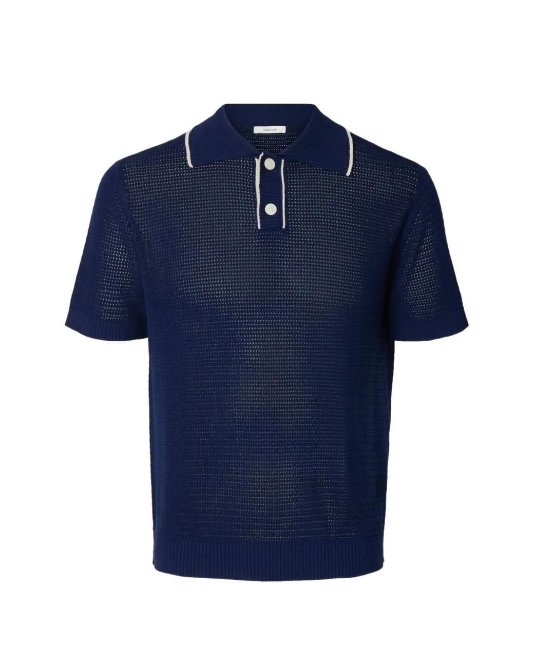 SELECTED Blue Open-Knit Contrast-Trim Polo Shirt for men