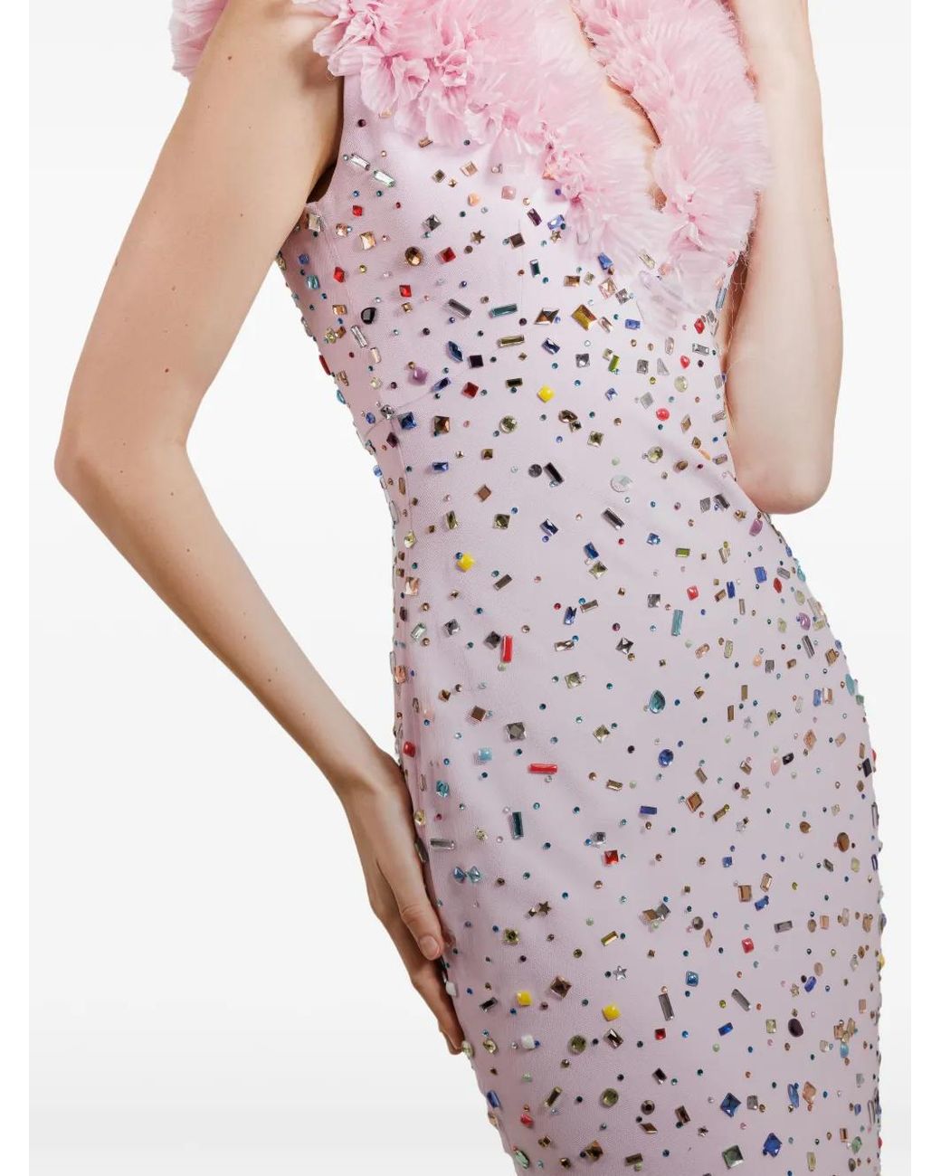 Gemy Maalouf Pink Beaded Ruffled Midi Dress