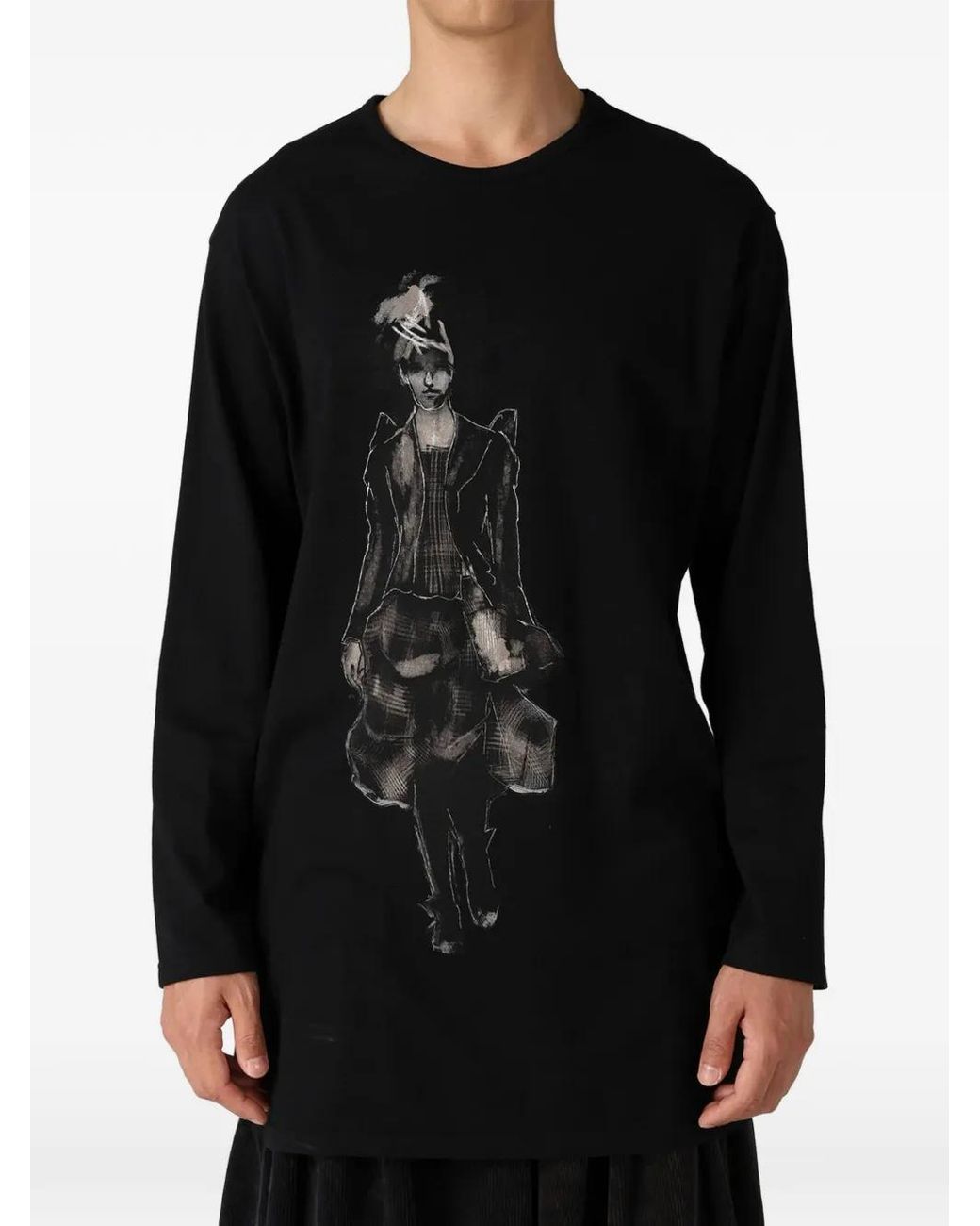 Yohji Yamamoto Black Graphic-Print Button-Slit Long-Sleeved T-Shirt for men