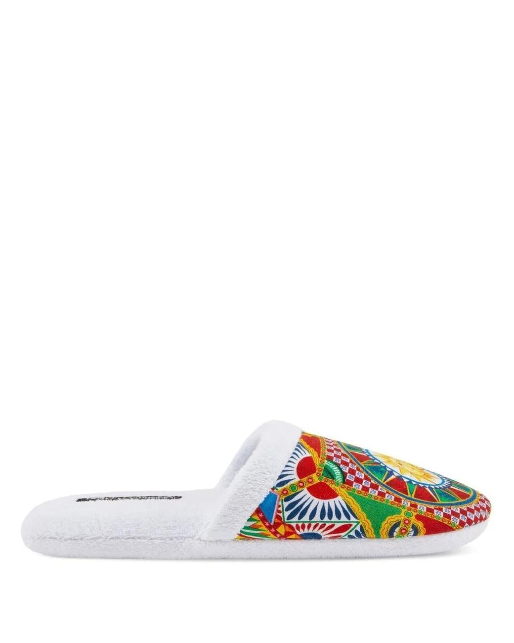 Dolce & Gabbana White Carretto Siciliano-Print Terry Slippers
