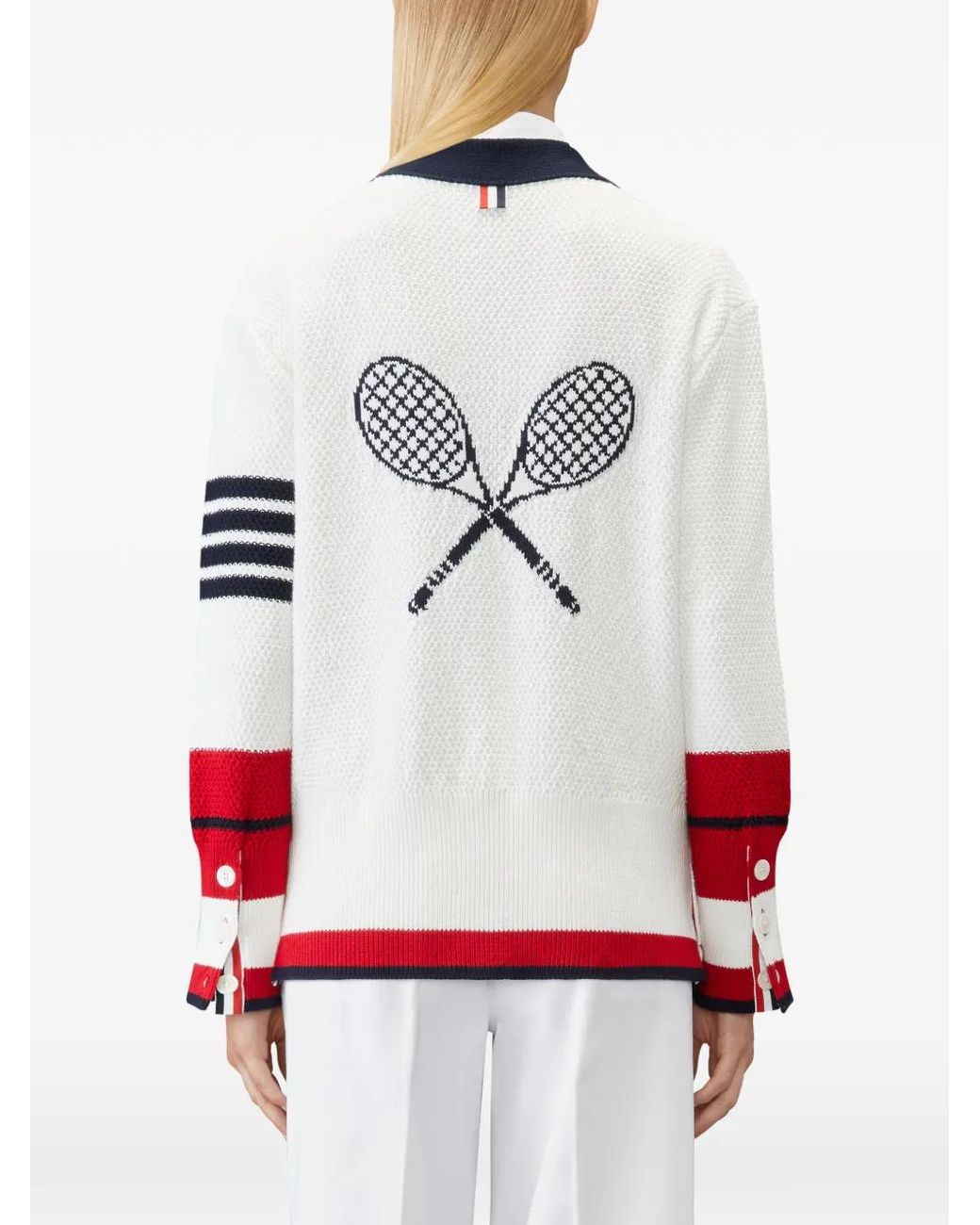 Thom Browne White Tennis Racquet Intarsia 4-Bar Seed Stitch Cardigan