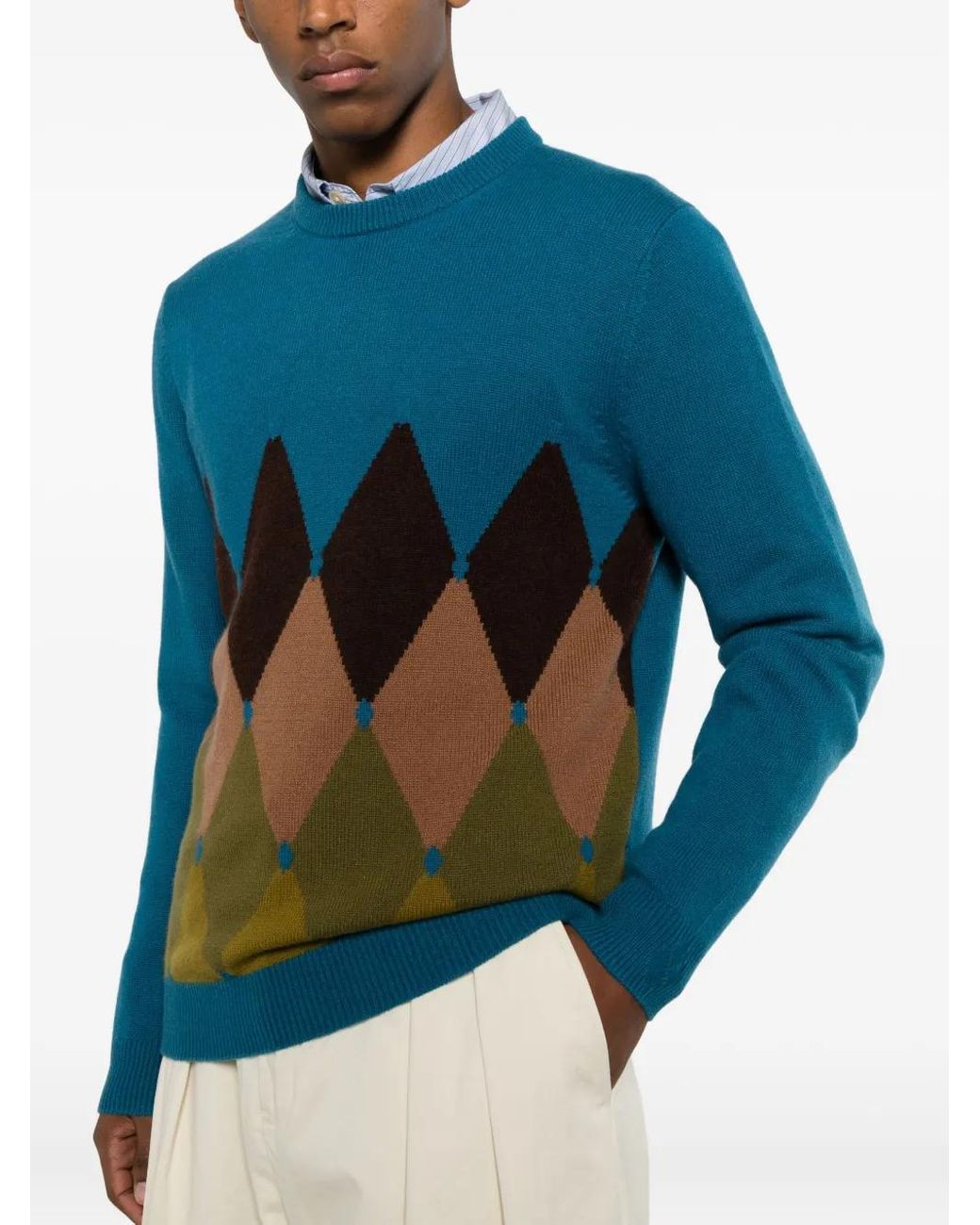 Ballantyne Blue Argyle-Knit Crew-Neck Sweater for men
