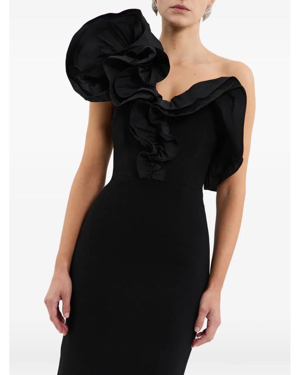Rebecca Vallance Black Ella Ruffle-Detail One-Shoulder Gown