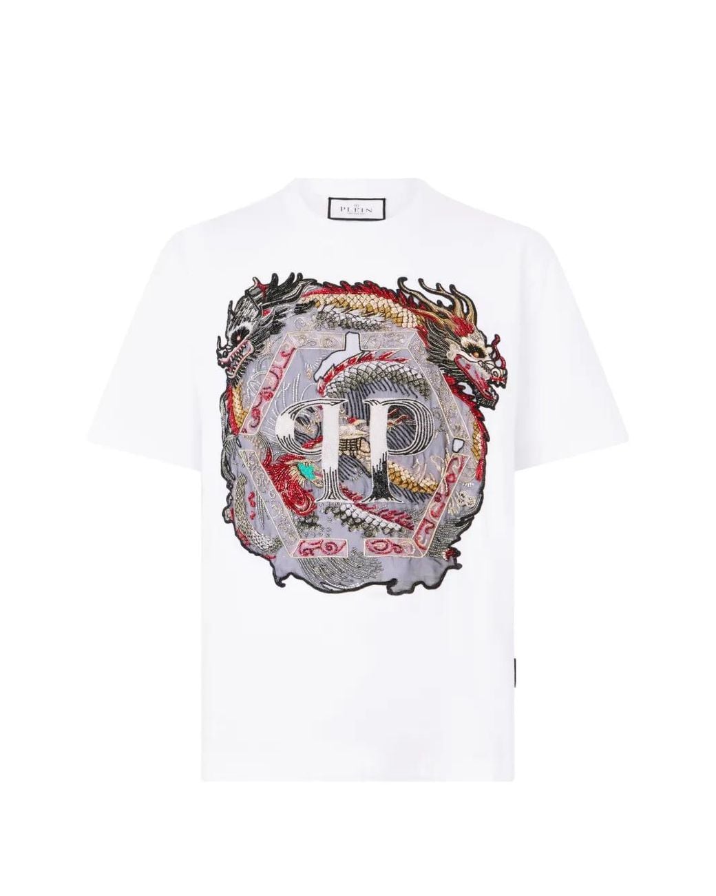 Philipp Plein White Round-Neck Dragon-Motif T-Shirt for men