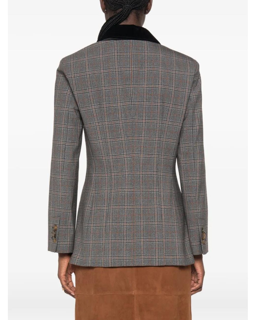 Marella Gray Check-Pattern Velvet-Trim Jacket