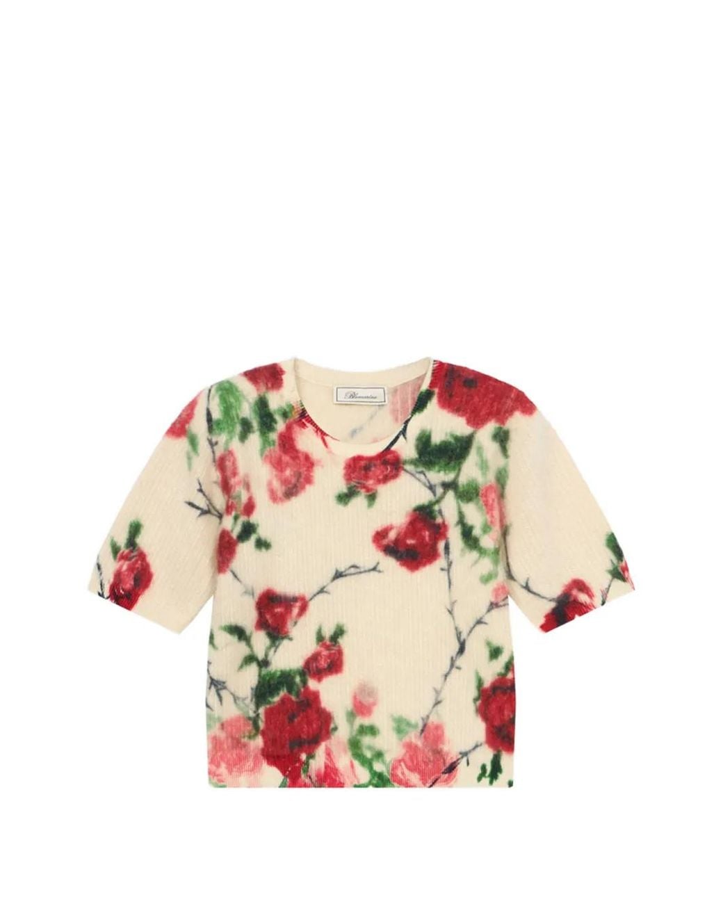 Blumarine Pink Floral-Print Rib-Knit Sweater