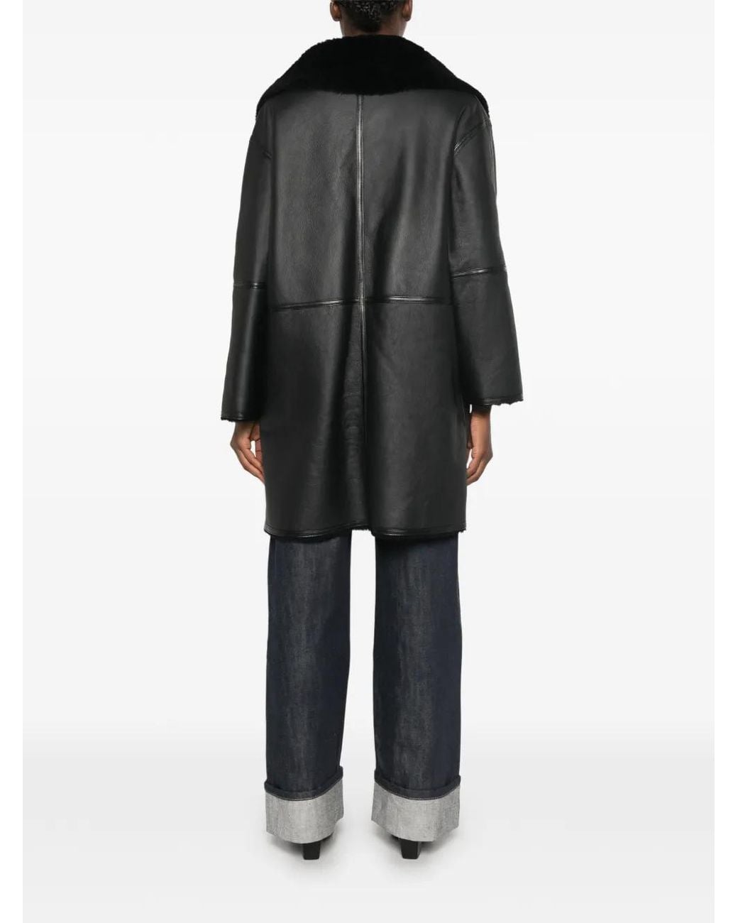 Emmeci Black Shearling-Collar Leather Coat
