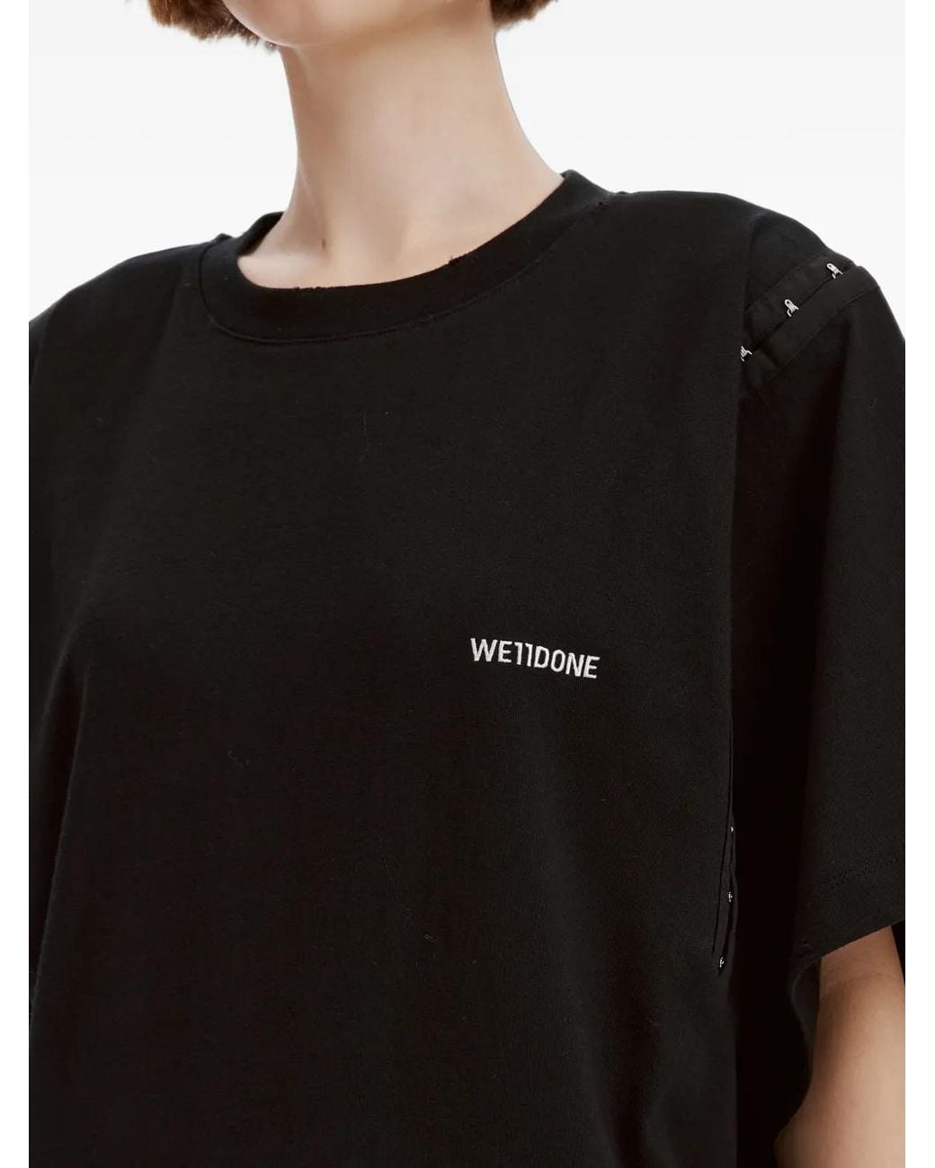 we11done Black Logo-Print Hook-Detail T-Shirt
