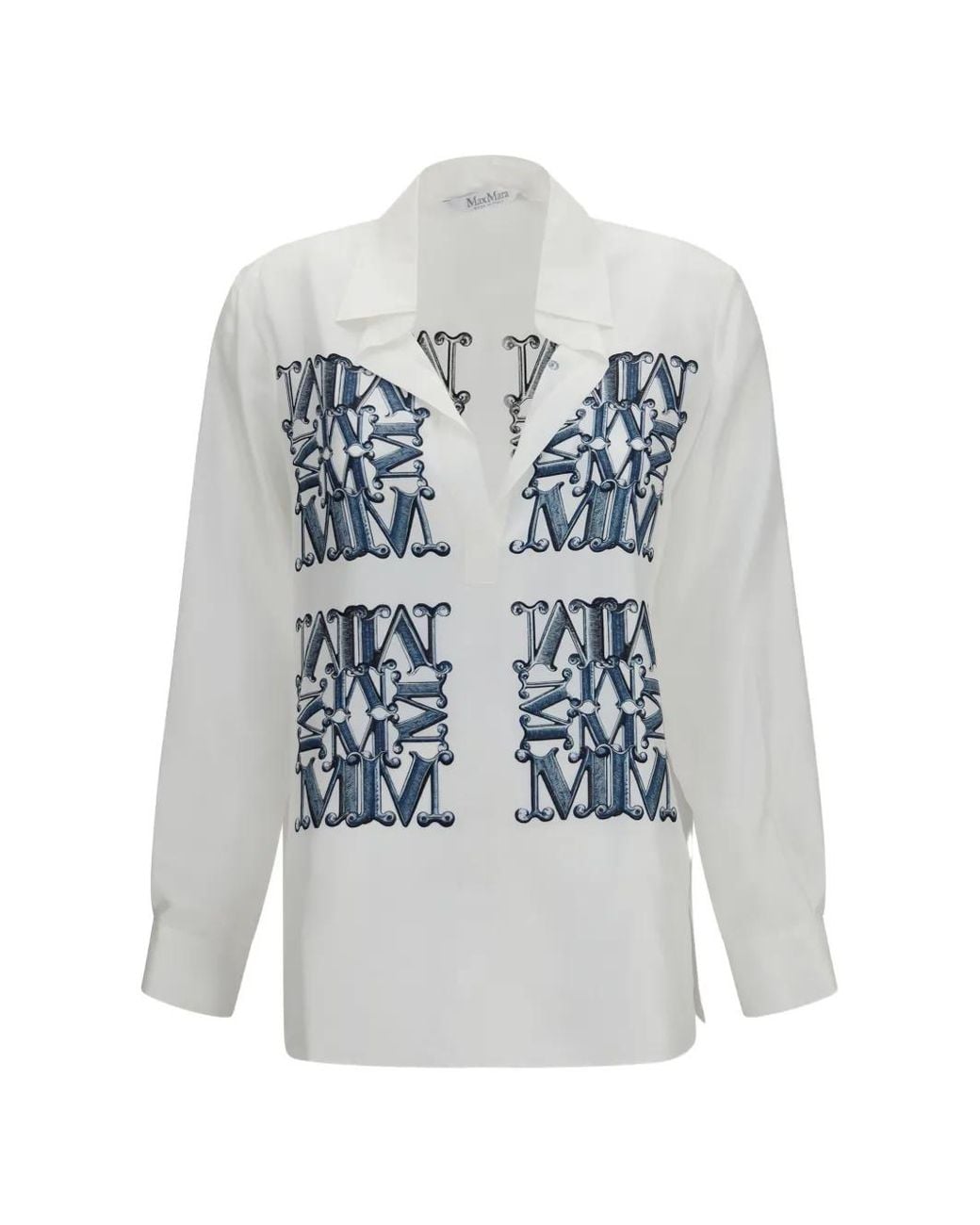 Max Mara White Monogram-Print Silk Blouse