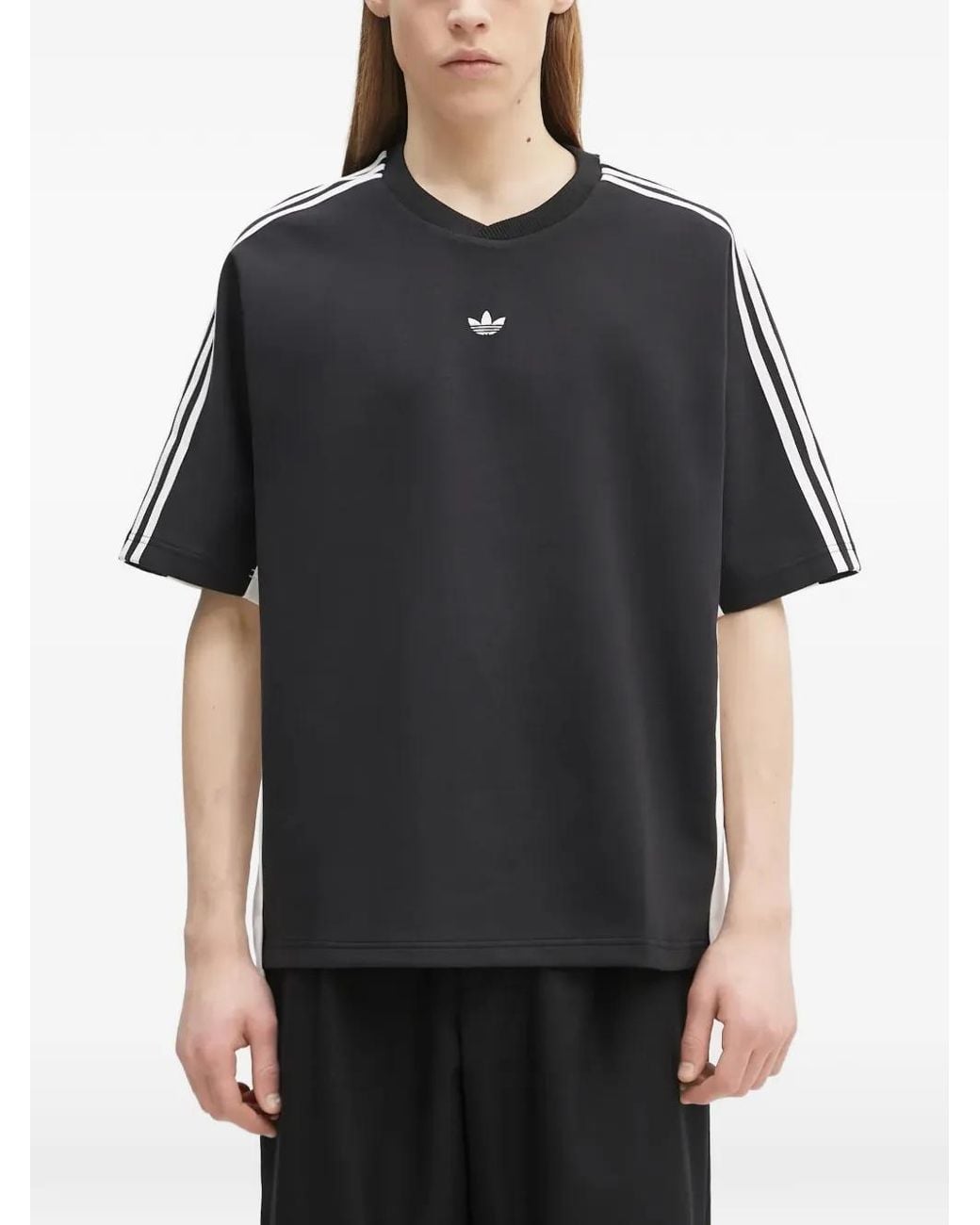 Adidas Black Logo-Embroidered Striped-Sleeve T-Shirt for men