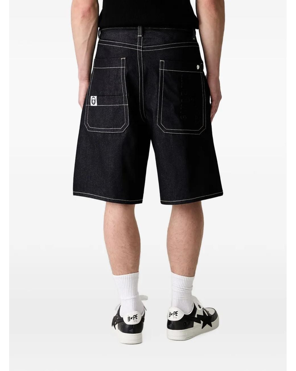 Aape By A Bathing Ape Black Logo-Patch Denim Shorts for men