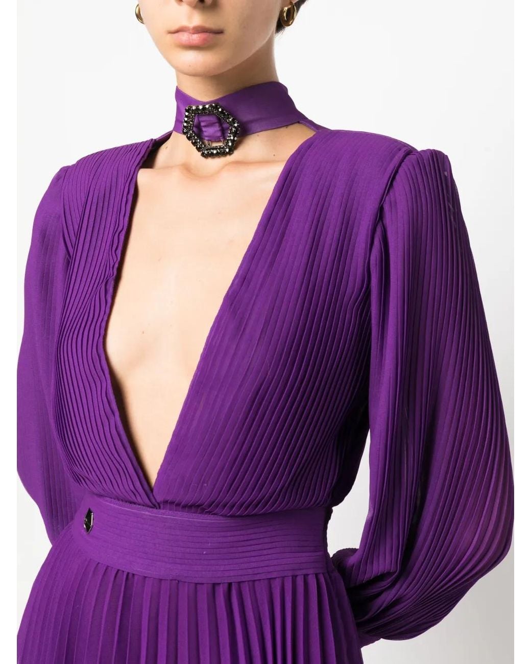 Philipp Plein Purple Plunging V-Neck Pleated Dress