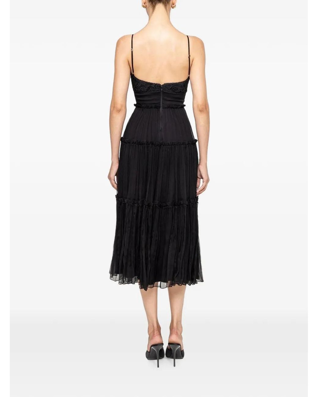 Nissa Black Floral-Embroidered Silk Midi Dress