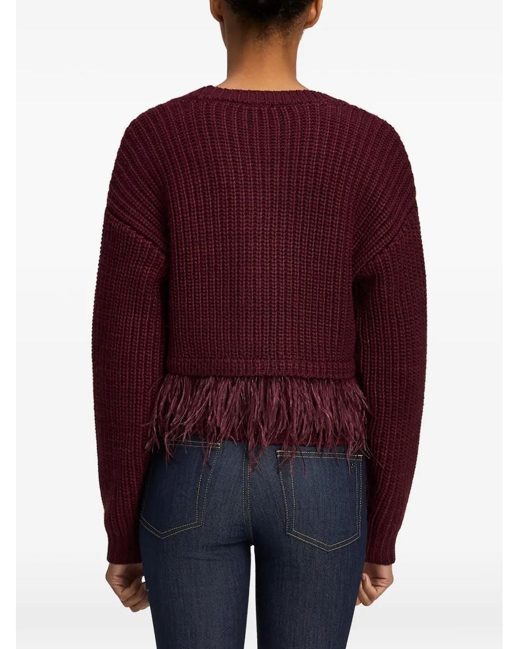 Cinq À Sept Red Cardigan Bordé De Plumes À Boutons En Cristal