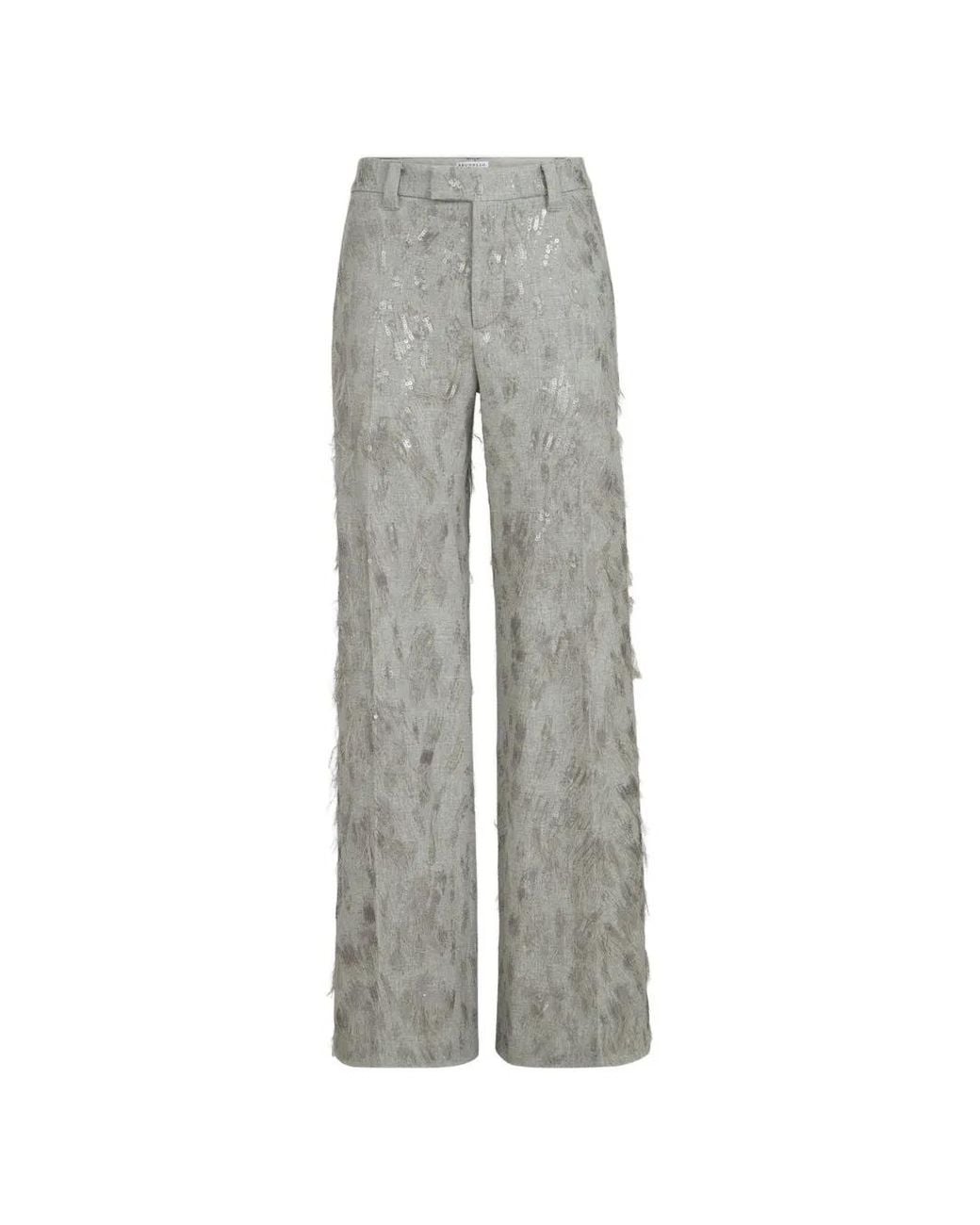 Brunello Cucinelli Gray Pantalon Évasé En Flanelle De En Laine Vierge Et Cachemire À Broderie Dazzling Lynx