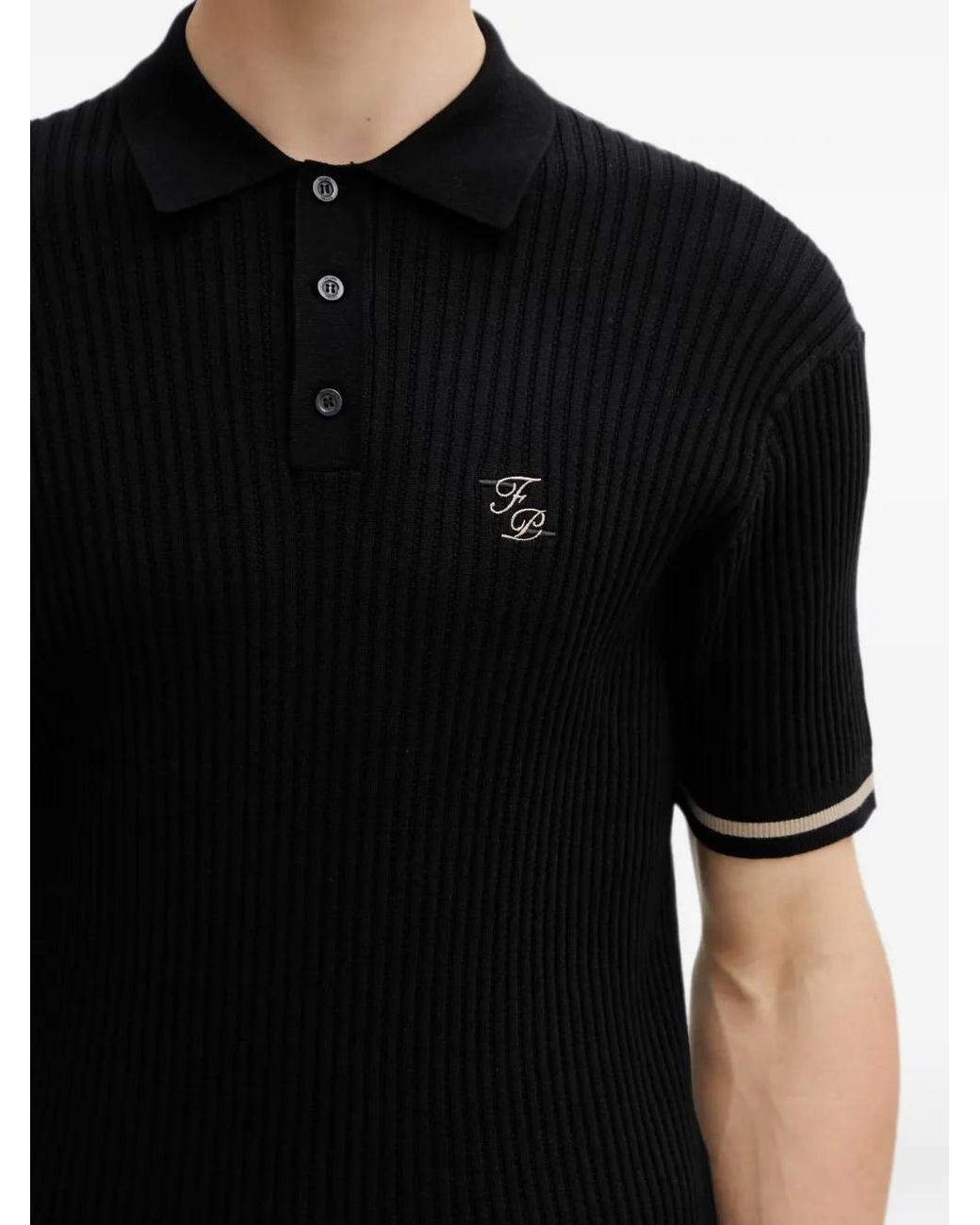 Filling Pieces Black Ribbed-Knit Logo-Embroidered Polo Shirt for men