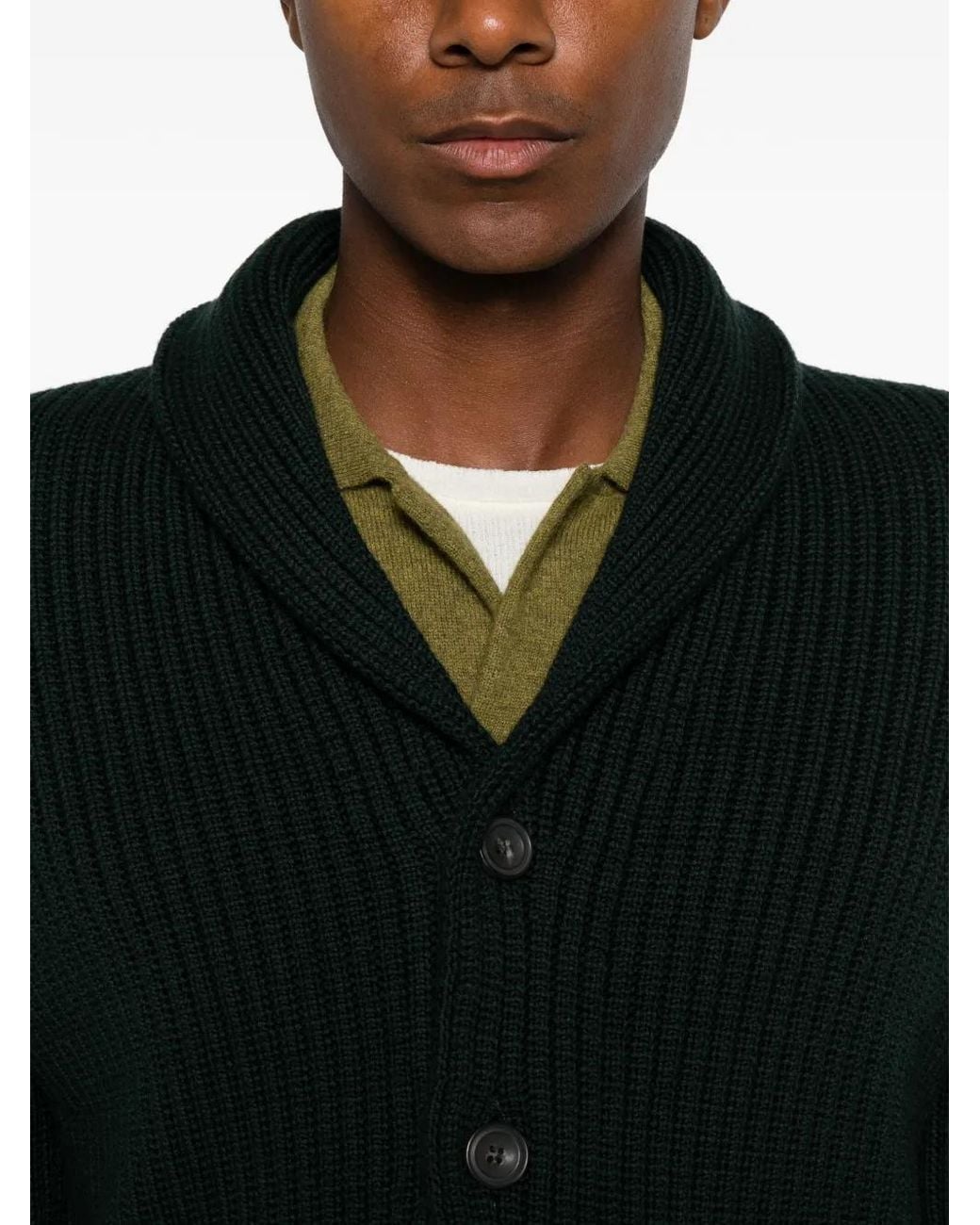 LUIGI GENTILE Black Ribbed-Knit Shawl-Collar Cardigan for men