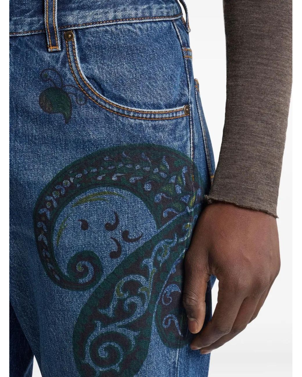 Etro Blue Paisley Print Jeans for men