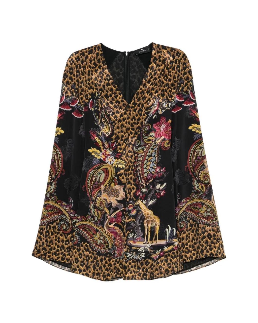 Etro Black Leopard-Print Cape-Sleeve Dress