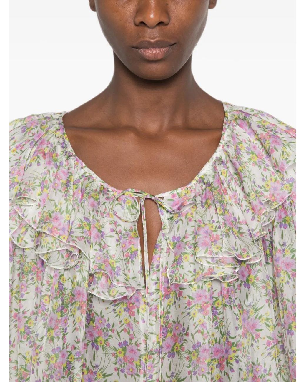 Raquel Diniz White Floral-Print Ruffled Blouse