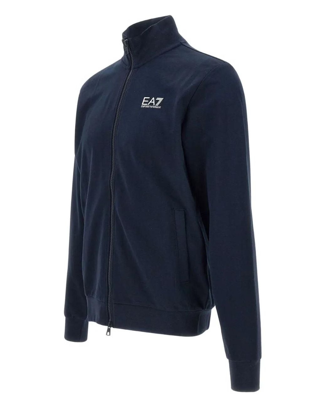 EA7 Blue Cotton Zip-Up Jacket With Stand-Up Collar And Core Identity for men
