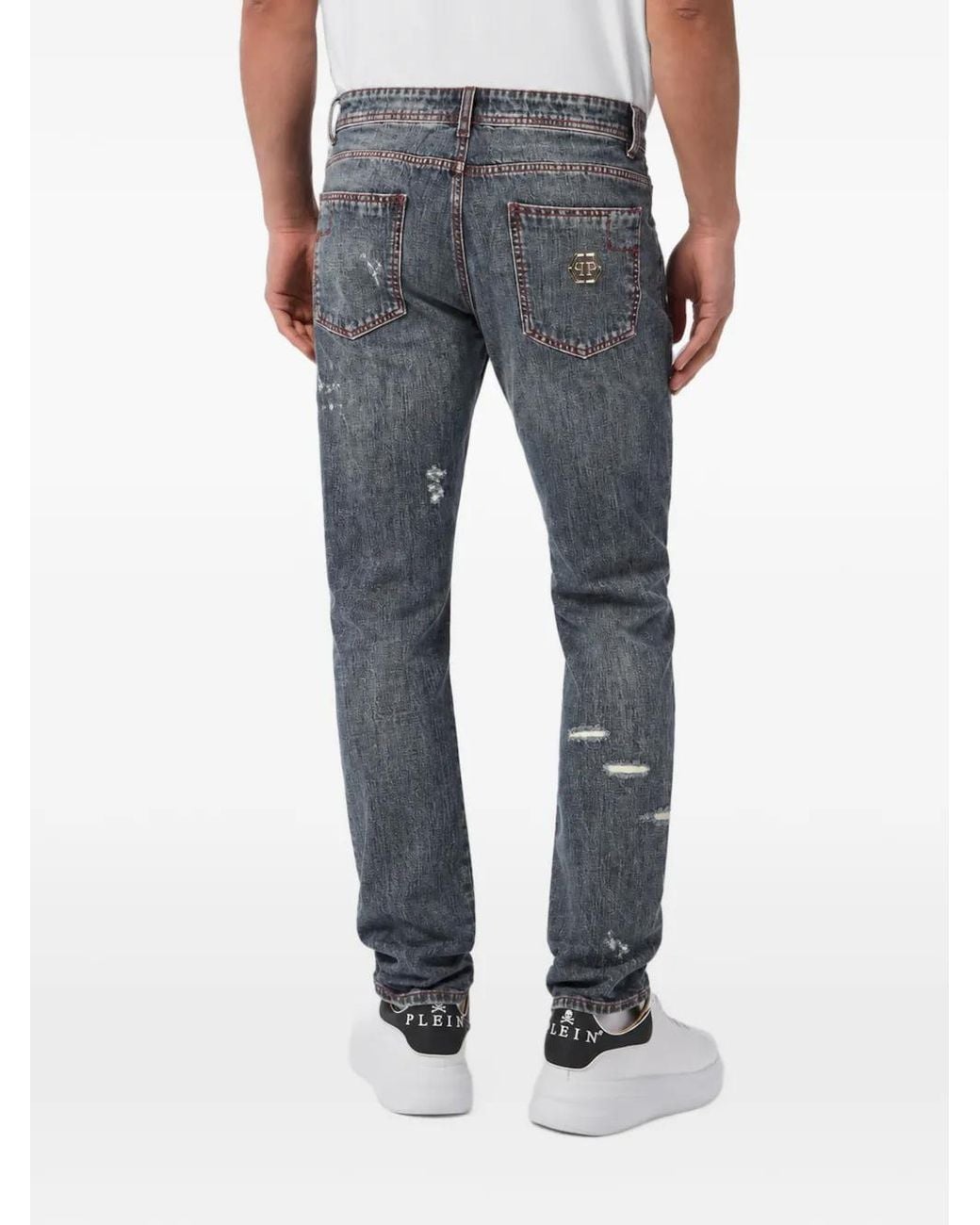 Philipp Plein Blue Super Straight Cut Distressed Jeans for men