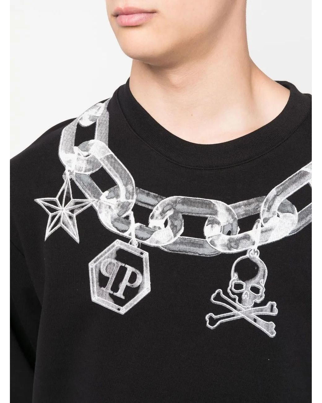 Philipp Plein Black Chain Link-Print Crew Neck Sweater for men