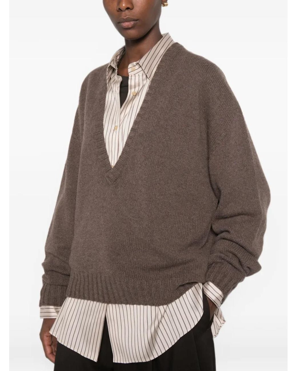 Alysi Brown V-Neck Ribbed-Trim Sweater