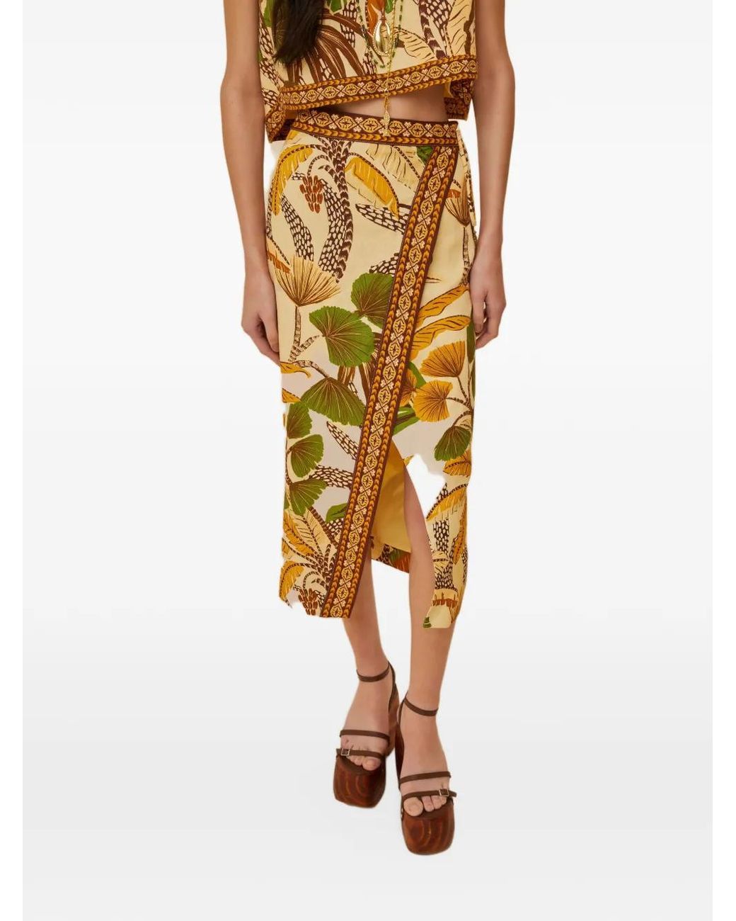 Farm Rio Metallic Foliages Ketch-Print Sketch Wrap Midi Skirt