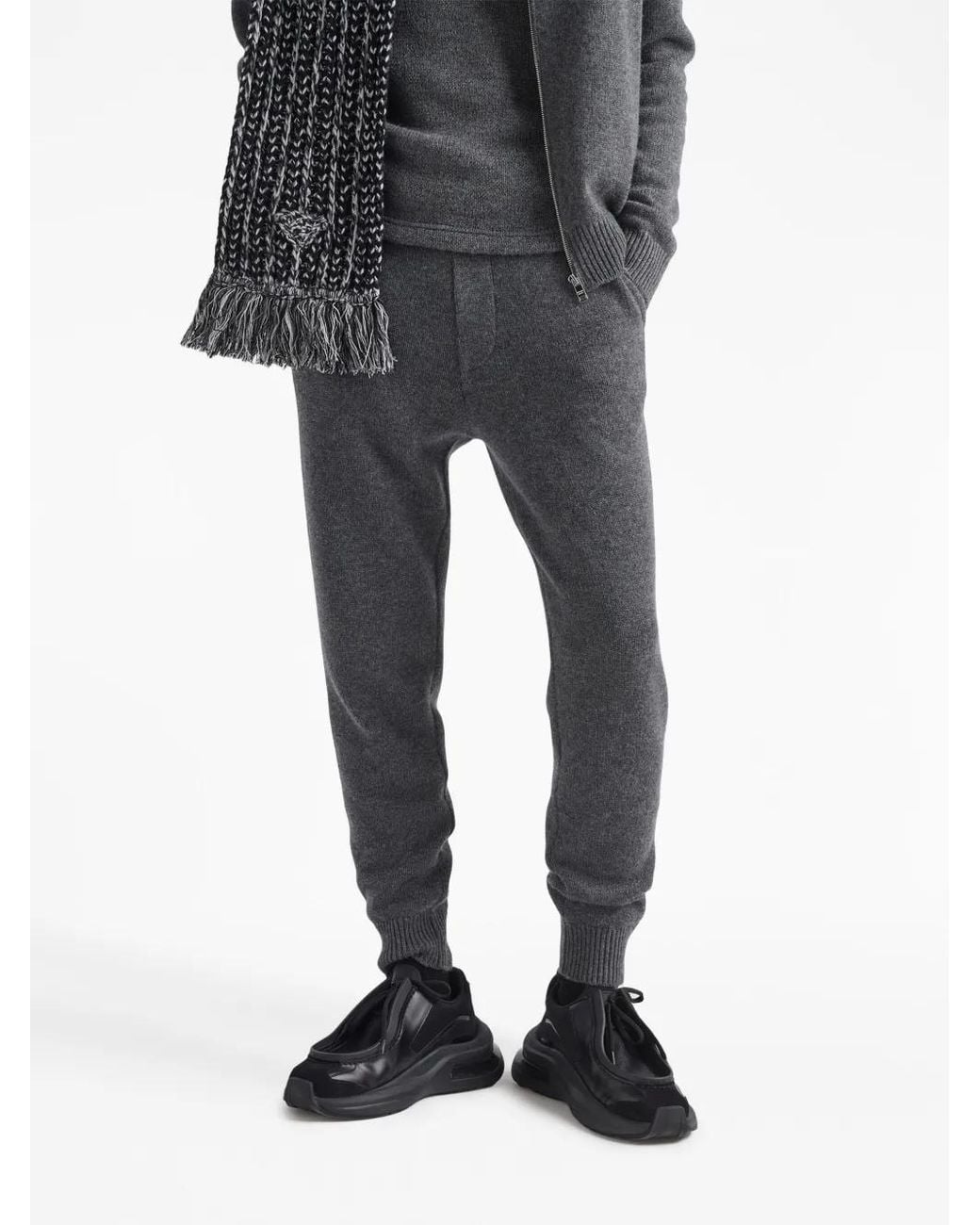 Prada Gray Logo-Embroidered Cashmere Trousers for men