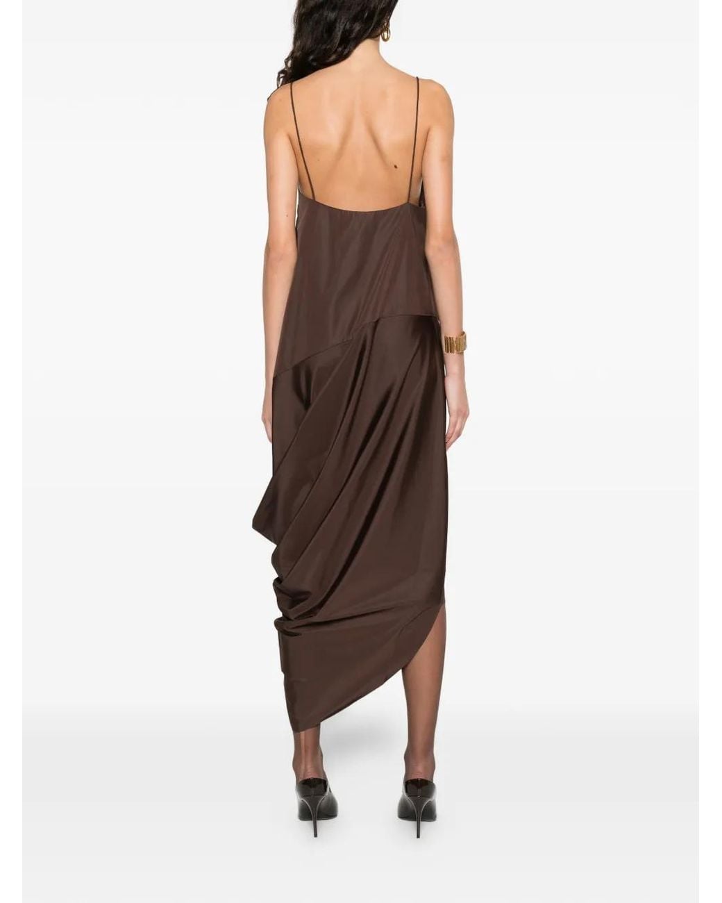 St. Agni Brown Paper-Taffeta Drape-Detail Midi Dress