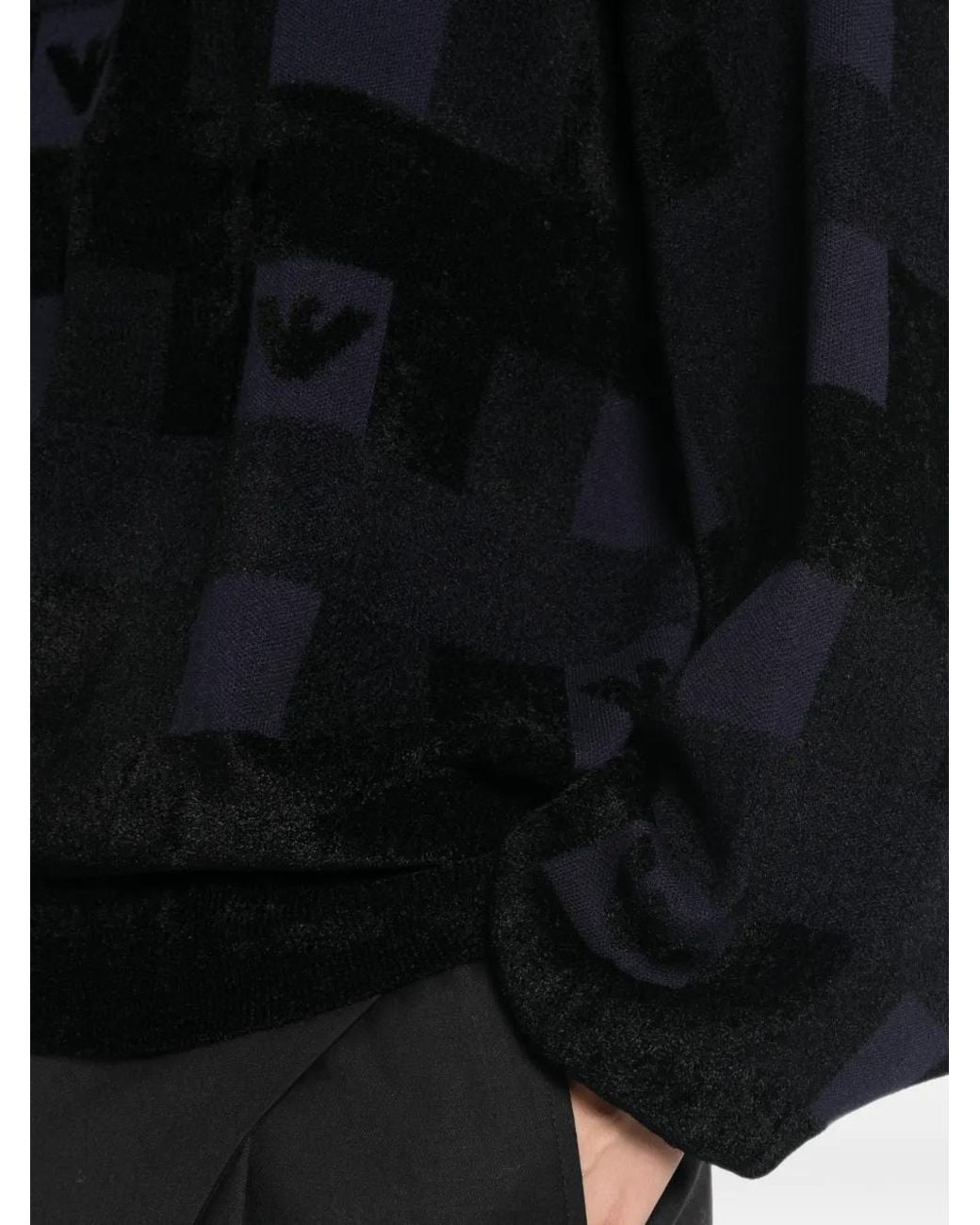 Emporio Armani Black Crew-Neck Sweater With Checkered Inlay Graphic And Logo