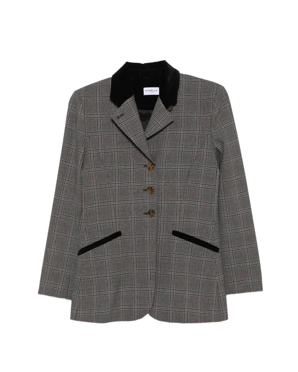 Marella Gray Check-Pattern Velvet-Trim Jacket