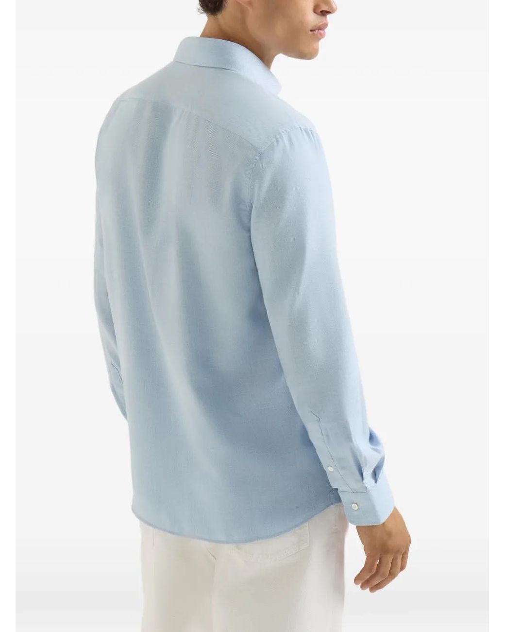 Brunello Cucinelli Blue Cotton And Cashmere Denim-Effect Diagonal Shirt With Spread Collar for men