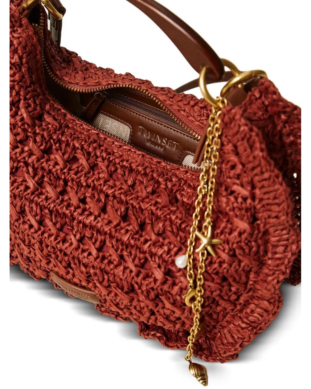 Twinset Brown Crochet Raffia Croissant Bag