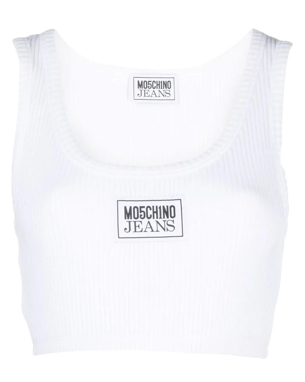 Moschino White Logo-Embroidered Ribbed Crop Top