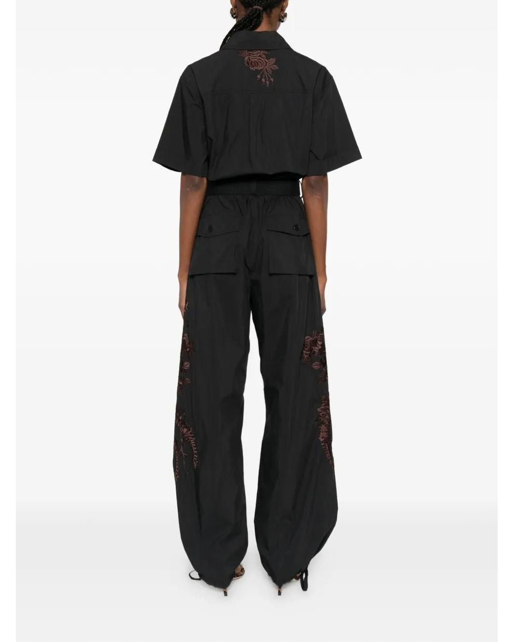 P.A.R.O.S.H. Black Flower-Embroidered Belted Jumpsuit