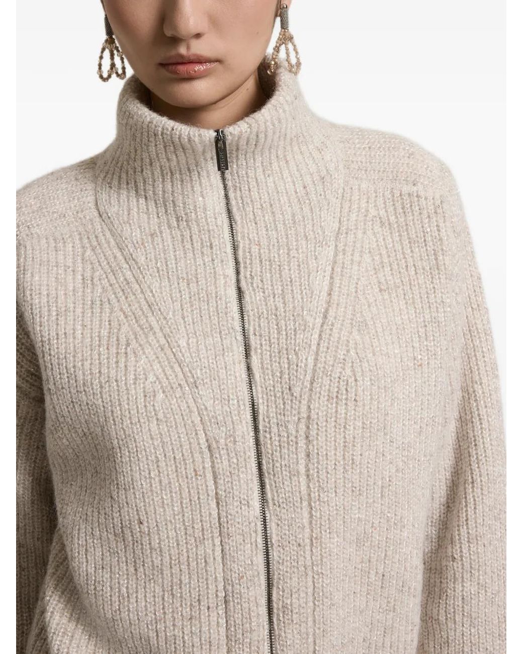 Peserico White Ribbed-Knit Zip-Up Cardigan