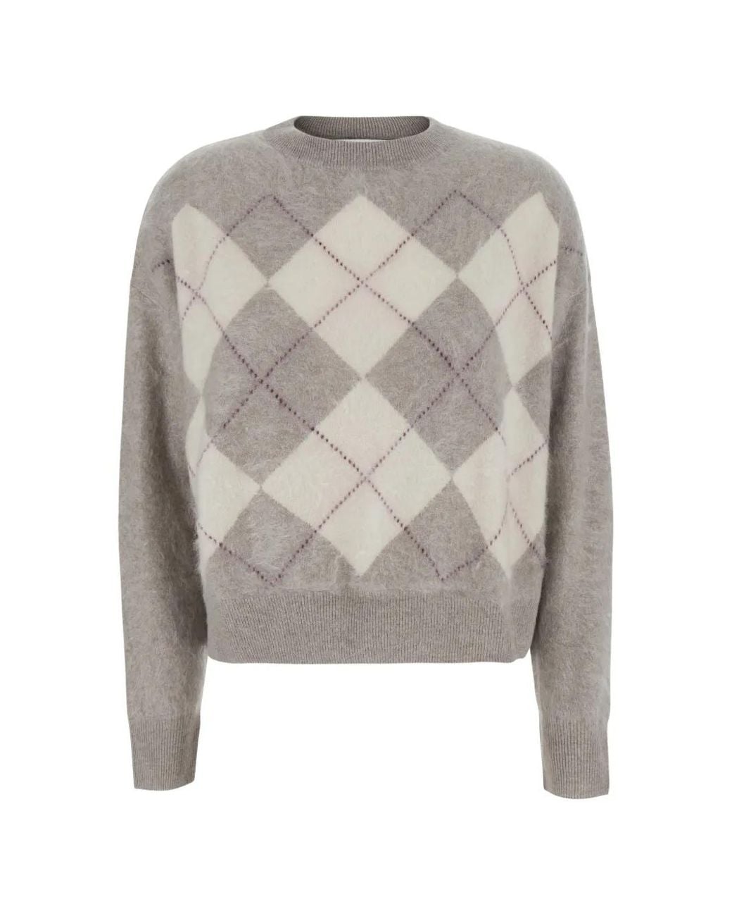 Soft Goat Gray Brushed-Effect Argyle-Knit Sweater