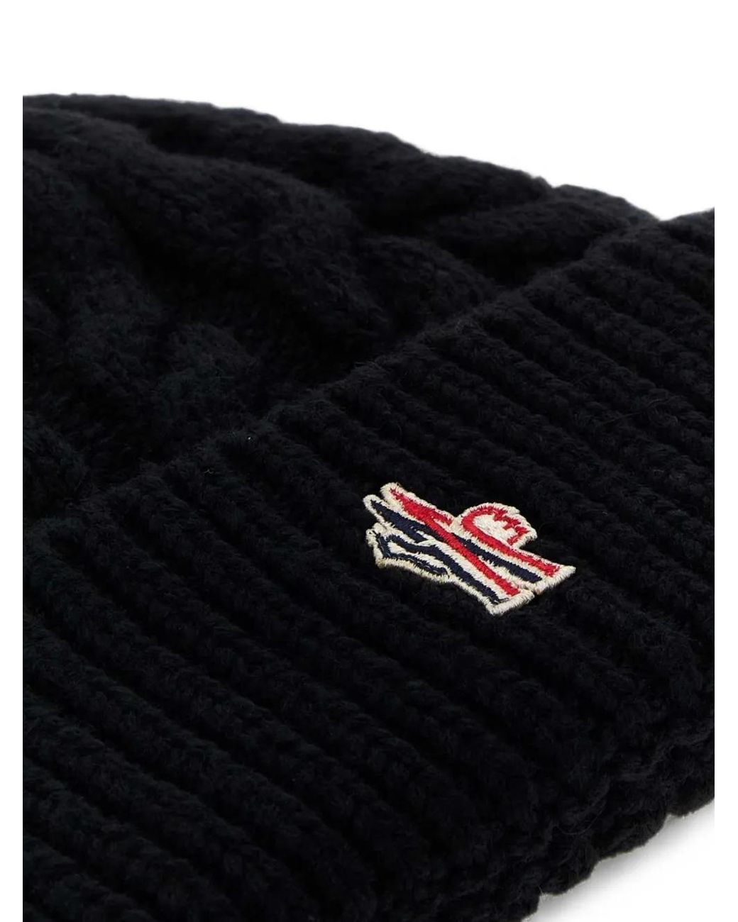 Moncler Black Cable-Knit Logo-Patch Beanie Hat