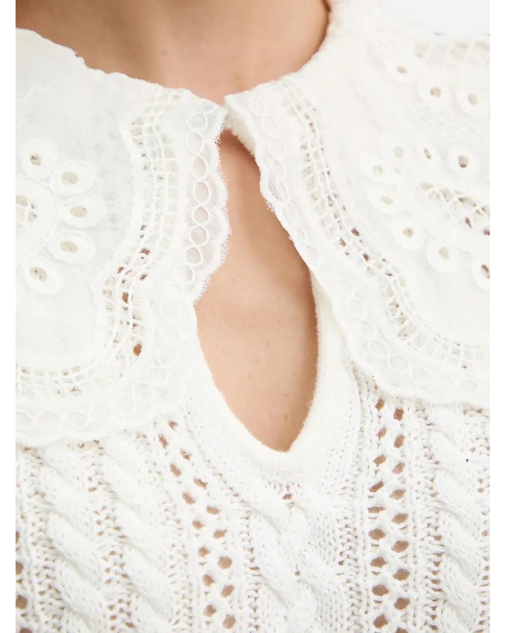Fracomina White Pull En Maille Torsadée Et Broderie Anglaise