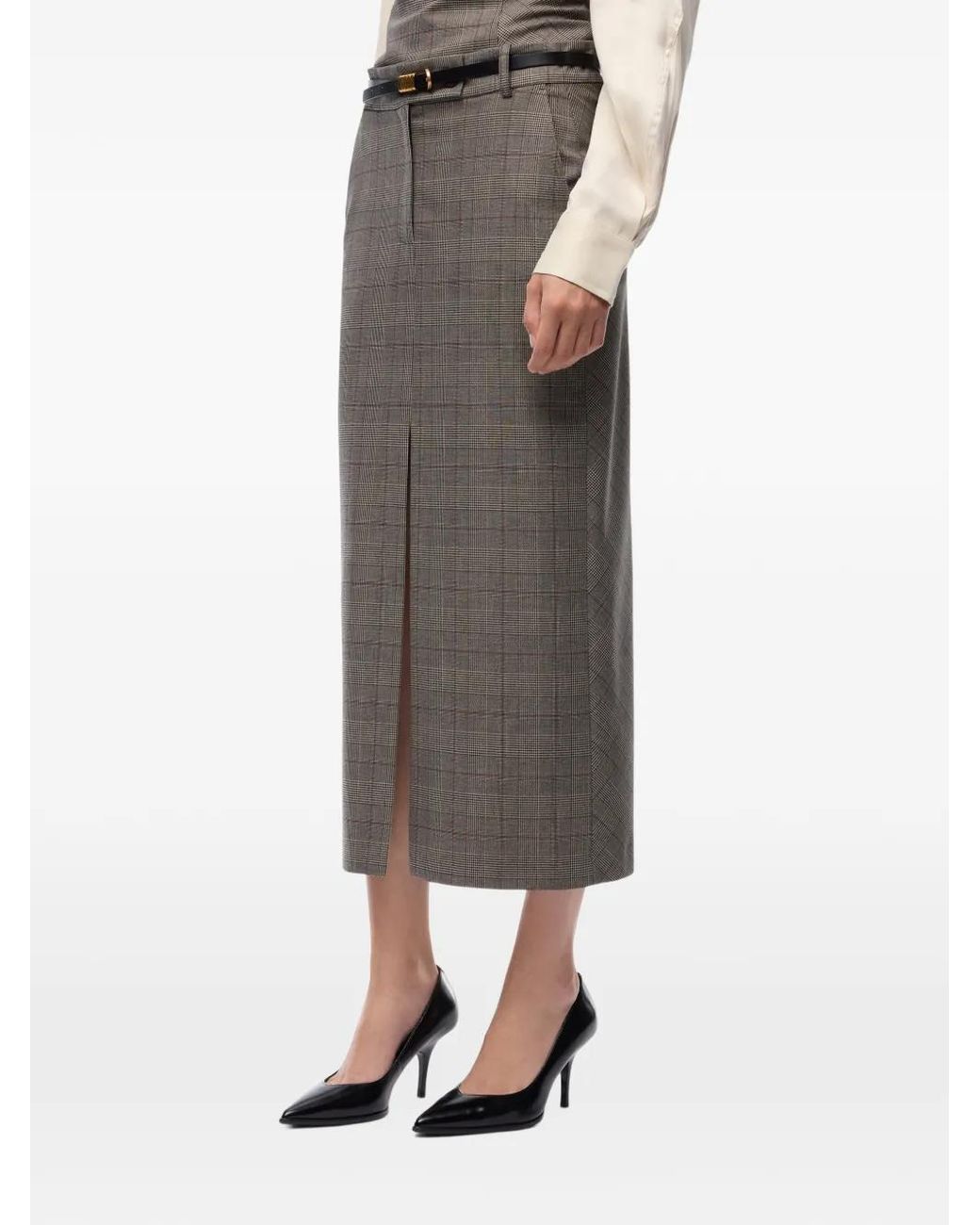 Pinko Gray Front Slit Plaid Midi Skirt With Tailored Fit