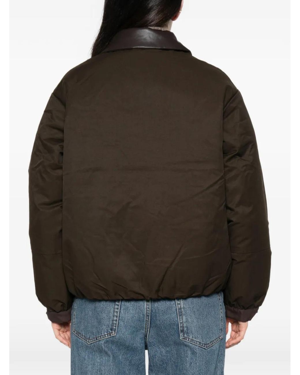 Sessun Brown Leather-Collar Zip-Up Jacket