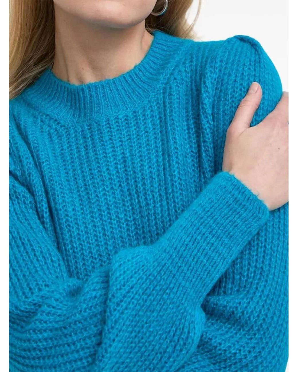 Morgan Blue Mine Ribbed-Knit Puff-Sleeve Sweater