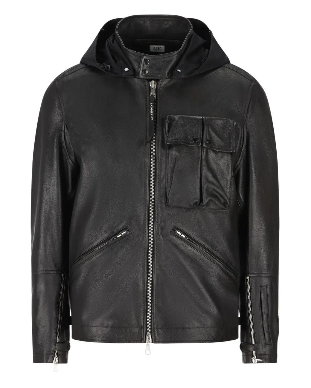 C P Company Black Goggle-Detail Leather Jacket for men
