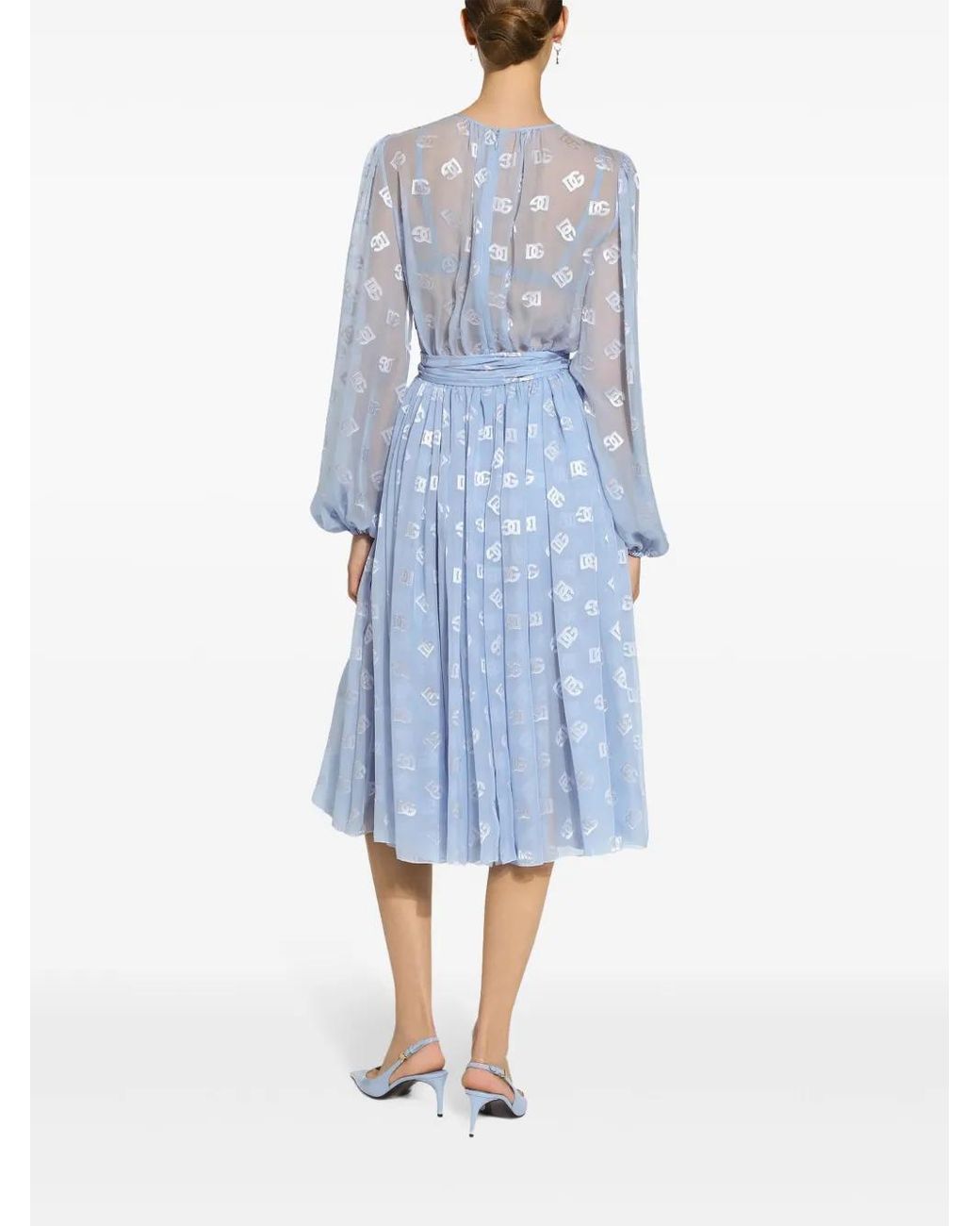 Dolce & Gabbana Blue Dévoré Silk Jacquard Calf-Length Dress With Dg Logo